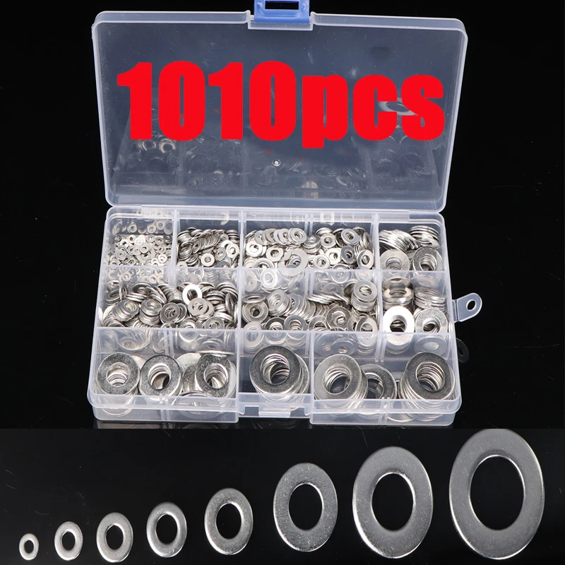 1010pcs Stainless Steel Washer Set M2 M3 M4 M5 M6 M8 M10 M12 Washer Flat Washers Ring Plain Washer Gaskets Assortment Kit