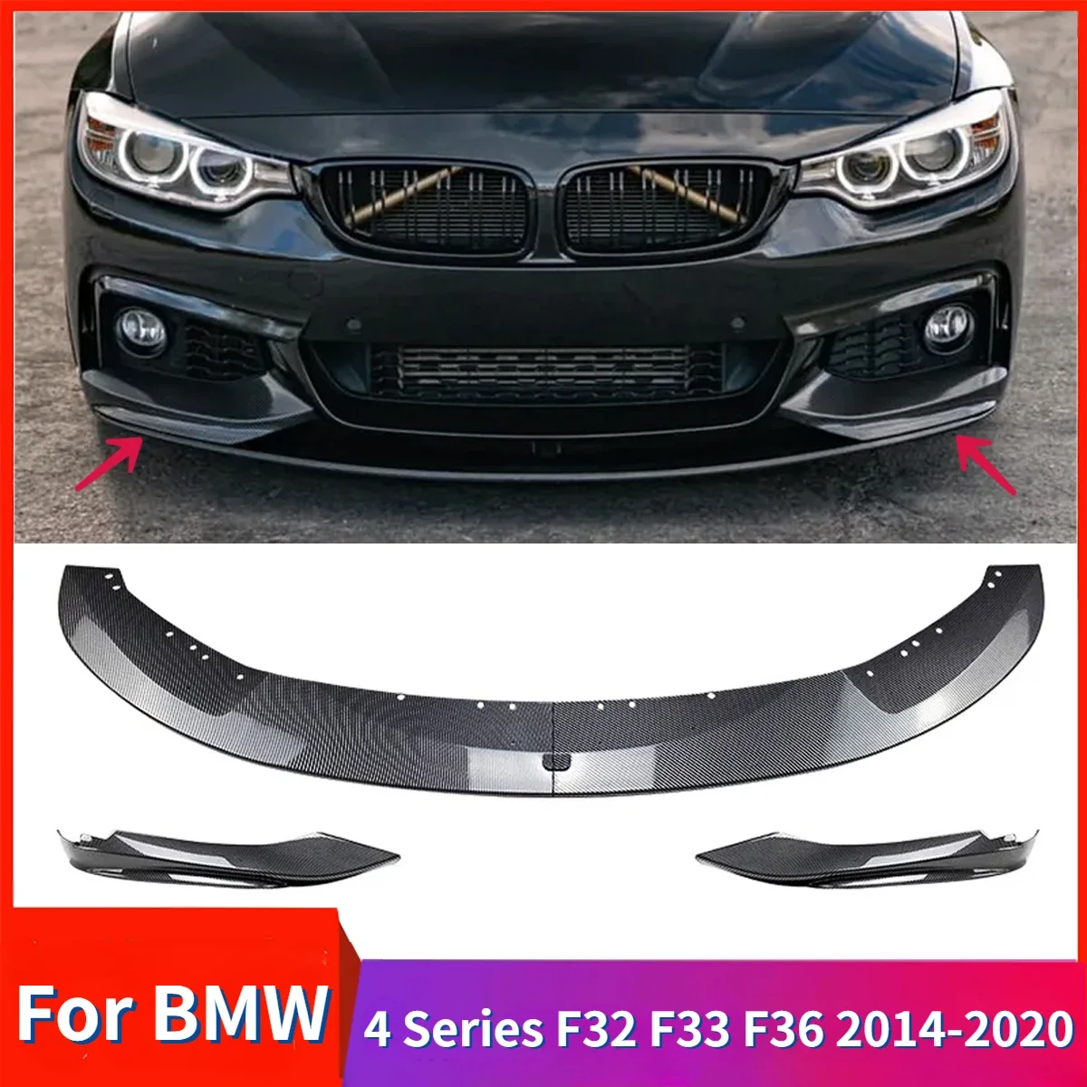 Car Front Bumper Lip for BMW 4 Series F32 F33 F36 420i 430i 420d M440i 2014-2020 ABS Glossy Black or Carbon Fiber Look Spoiler