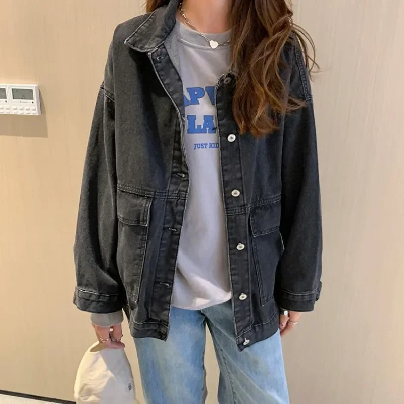 Abbigliamento popolare coreano Giacca di jeans a maniche lunghe per donna Capispalla blu 2025 Modelli Harajuku originale Nuovo in cappotto da cowboy Donna