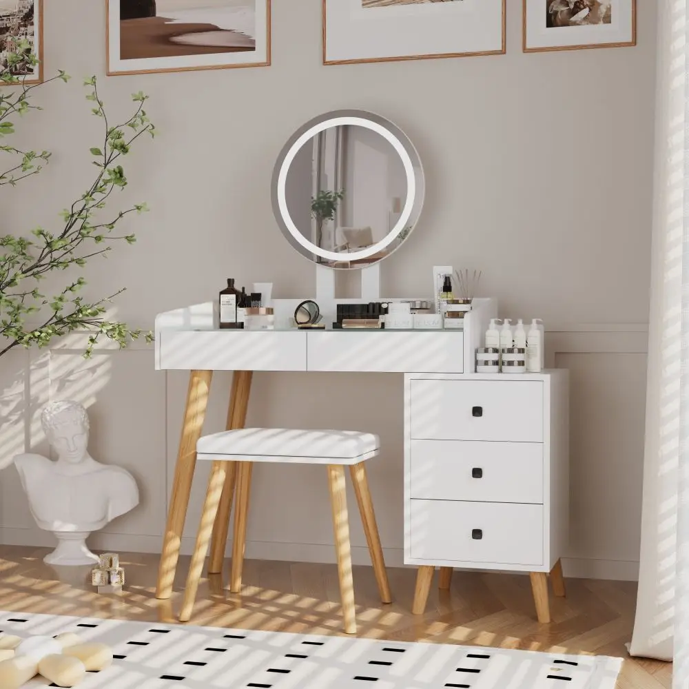 Dressing Table LED Lights Glass Top Dressing Table Extendable Side Table 5 Drawers Dressing Table Mirror and Stool for Bedroom