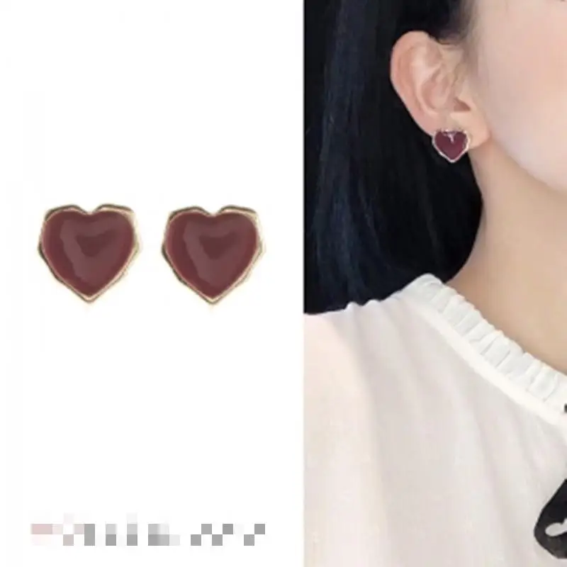 S925 الفضة إبرة فتاة الحب قطب عالٍ صافي الأحمر بسيط النفط إسقاط أقراط المرأة الأحمر الخوخ القلب أقراط مجوهرات بالجملة #1