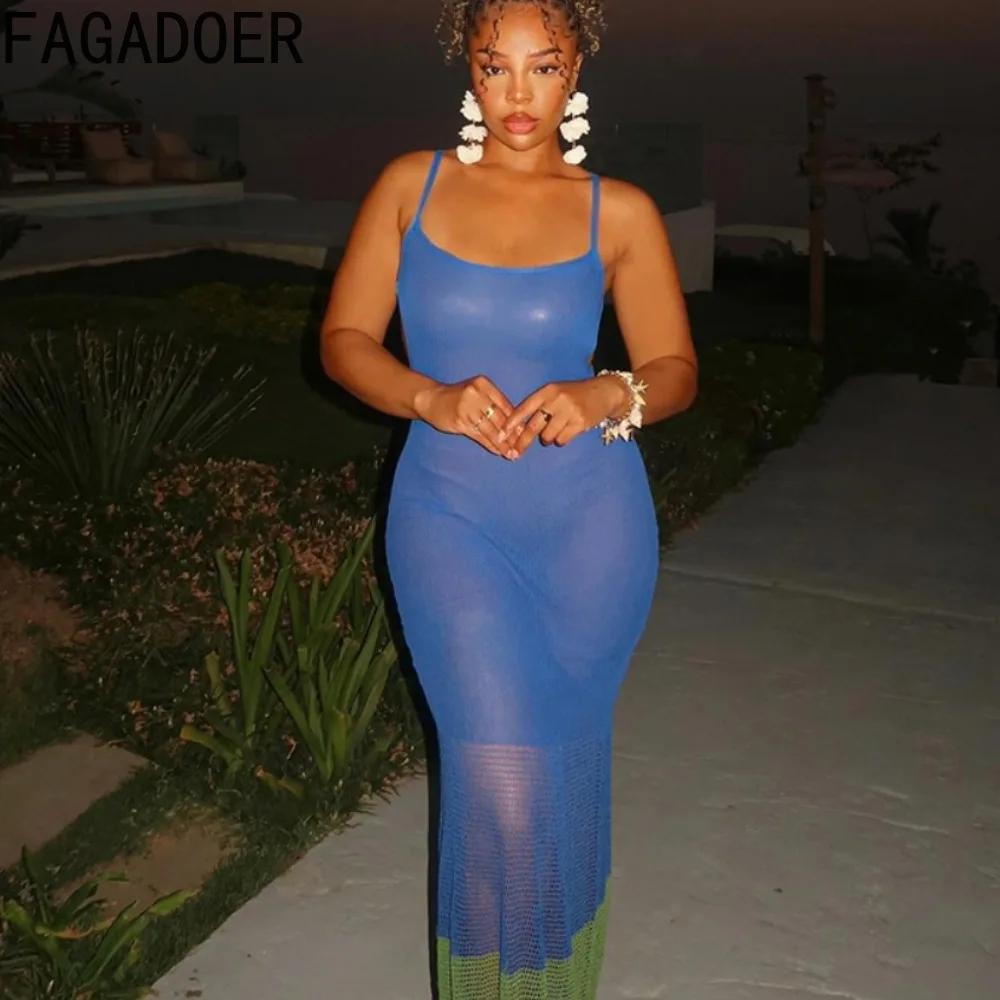 

FAGADOER Fashion Mesh Perspective Bodycon Suspenders Long Dresses 2024 Women Thin Strap Sleeveless Slim Vestidos Female Clothing