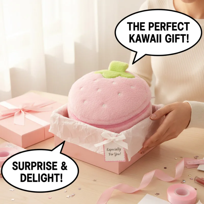 

Strawberry Plush Cosmetic Bag Women Kawaii Round Makeup Handbag High Capacity Travel Toiletry Storage Bag Cute Gifts Backpacks