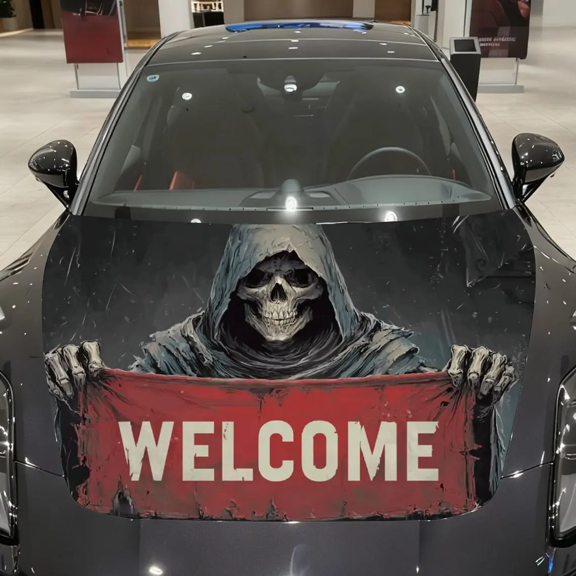 Welcome Skeleton Car Hood Wrapped In Colorful Vinyl Stickers, Suitable For Trucks, Decorative Hood Graphics, And Automotive Acce