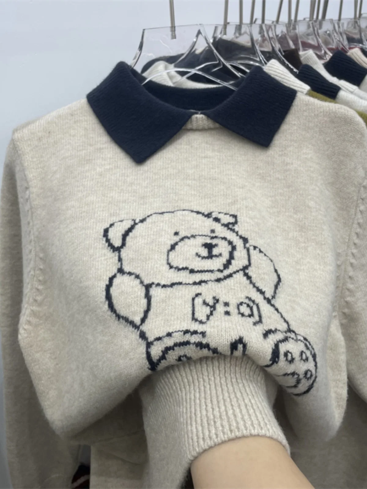 Loose Women's Knitwear Bear Embroidery Overhead Sweater Autumn Winter Faion Anti-Aging  Collar Top plus Size Inner Wear