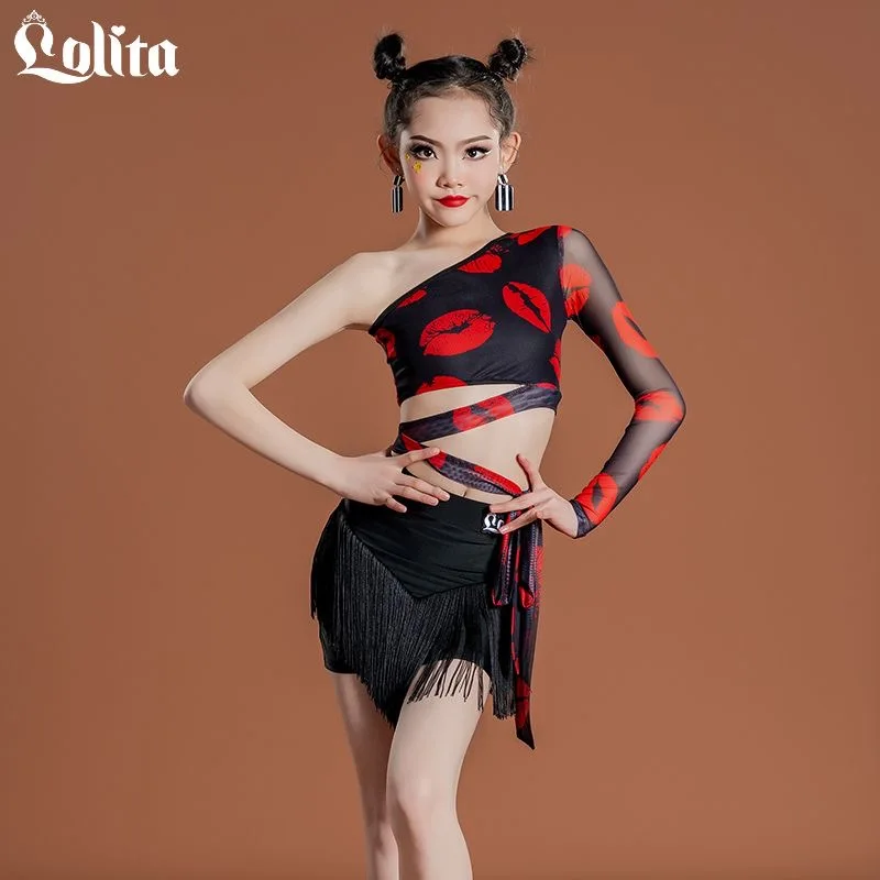 Fringe dress clothes for dancing Stage suit Red lips black latin dance clothes competition Latin dance costume Dancewear