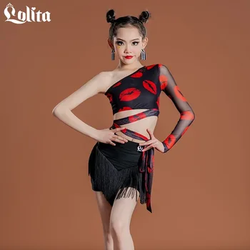 Fransen Kleid Kleidung zum Tanzen Bühne Anzug rote Lippen schwarz Latin Dance Kleidung Wettbewerb Latin Dance Kostüm Dance wear