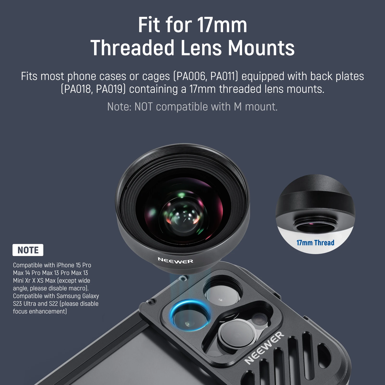 NUEVAJUDA HD 18mm 100 °   Lente gran angular con adaptador de lente de 17 mm Ampliación 0,5X para iPhone Samsung Phone Cage Rig