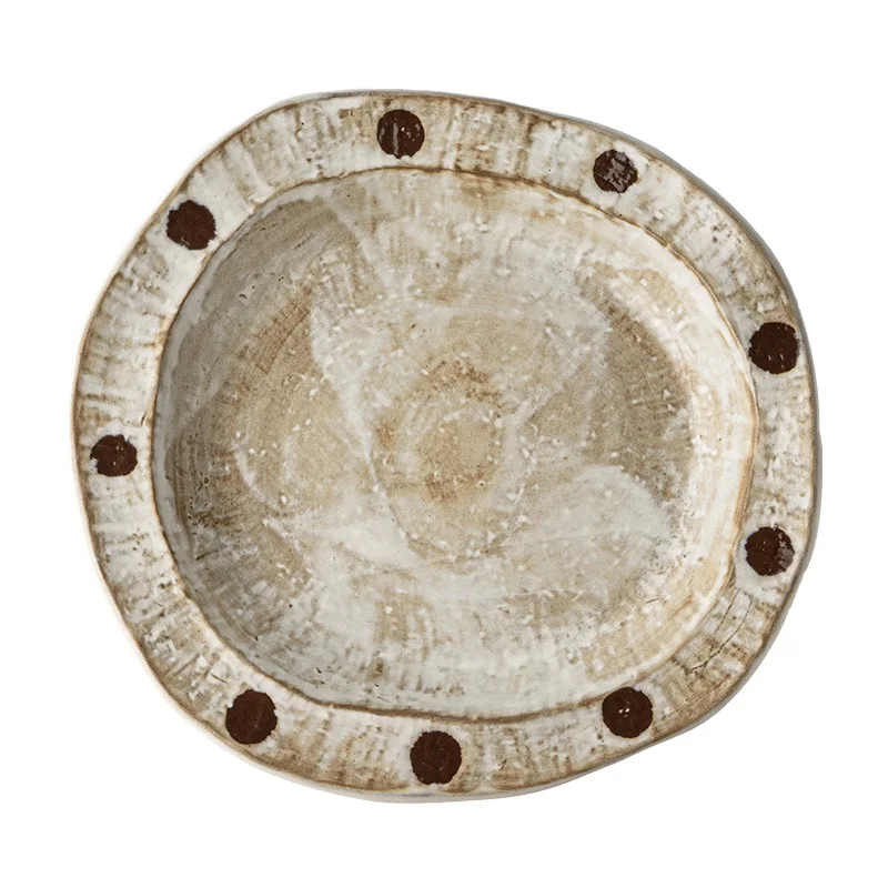 HYS Japanese polka dot coarse pottery plate retro style dessert plate special-shaped plate household ceramic tableware vegetable