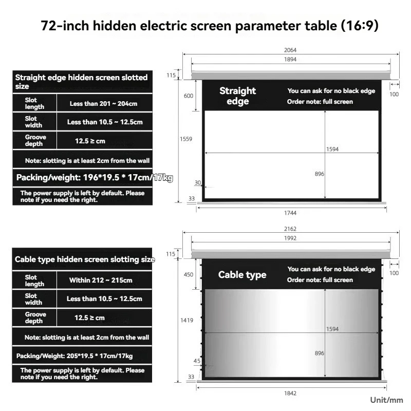 72-84Inch Electric Ceiling Recessed Projection Screen 16:9 Motorized Projector Curtain for Long Throw Projector 8K HD