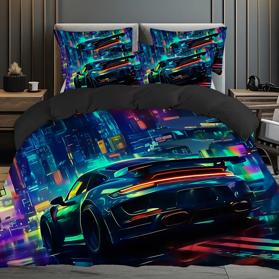 Bold Racing Car Duvet Cover Cartoon Black White Plaid Design for Boys Girls & Teens Room Decor 1pc Duvet Cover 2pcs Pillowcases