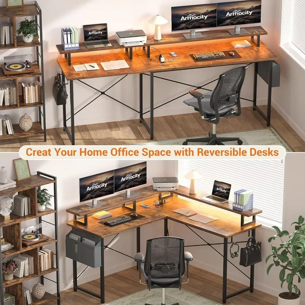 L Shaped Computer Desk With Power Outlets Small Spaces Room Desk to Study 47'' Home Office Rustic Table Reading Desks Gamer