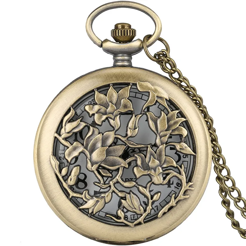 Retro Timepiece Antique Pocket Watch with Hollow Flower Design Bronze Quartz Movement Clock Necklace Sweater Chain Collectable