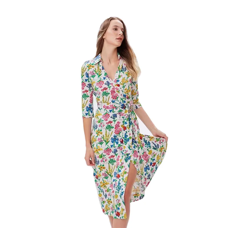 달콤한 여름 플로럴 프린트 드레스, 신축성 있고 피부 친화적인 원피스, 허리 조절 벨트, 바디콘, 미디 기장 A라인 스커트