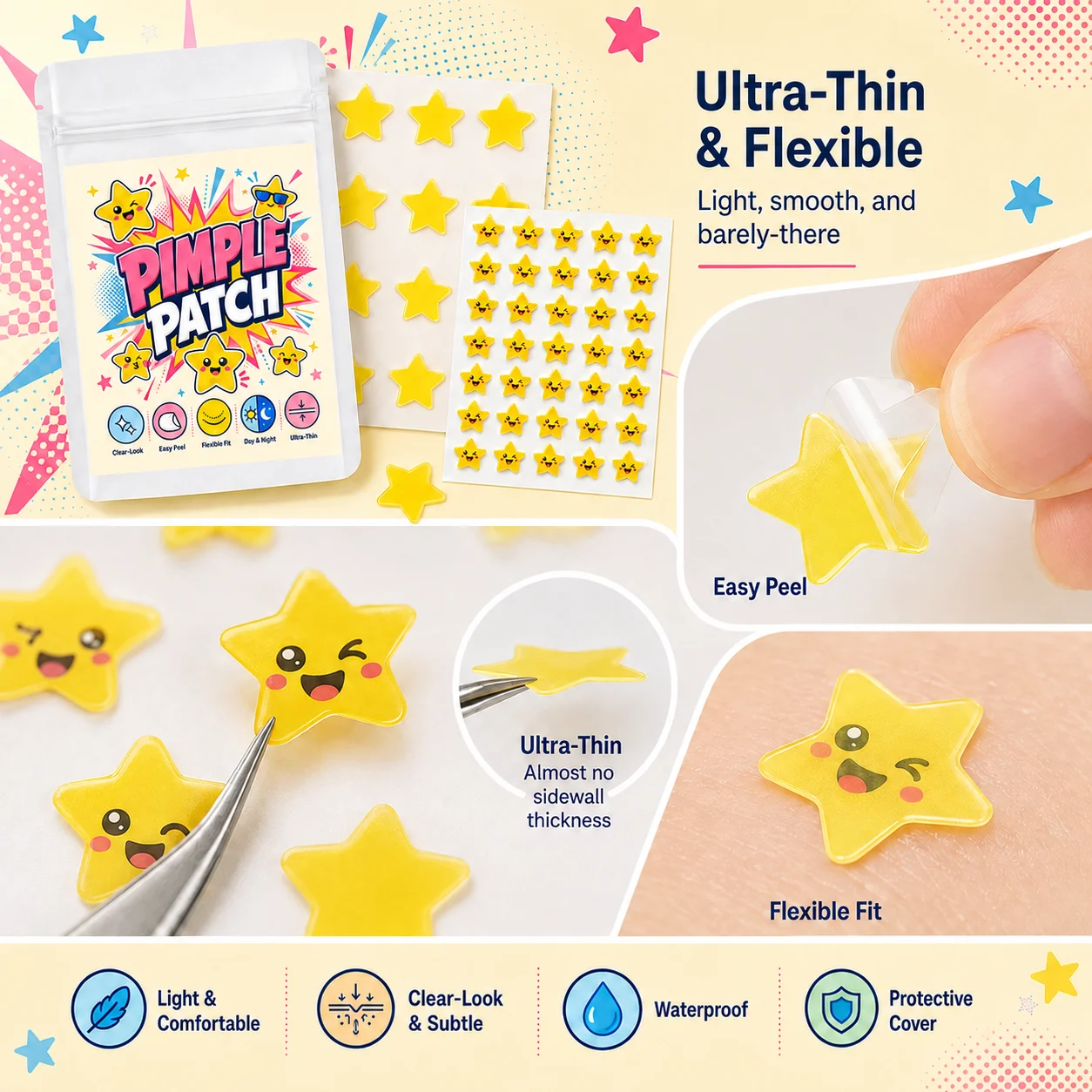 52/364pcs Yellow Star Pimple Patches, Cute Printed & Solid Designs, Ultra-Thin, Breathable, Comfortable for Daily Wear