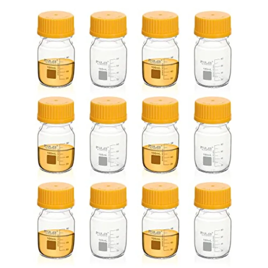 

Round Media Storage Bottle Vol.100ml 3.4oz 3.3 Borosilicate Glass Bottles with GL45 Screw Cap Pack of 12 URB1034