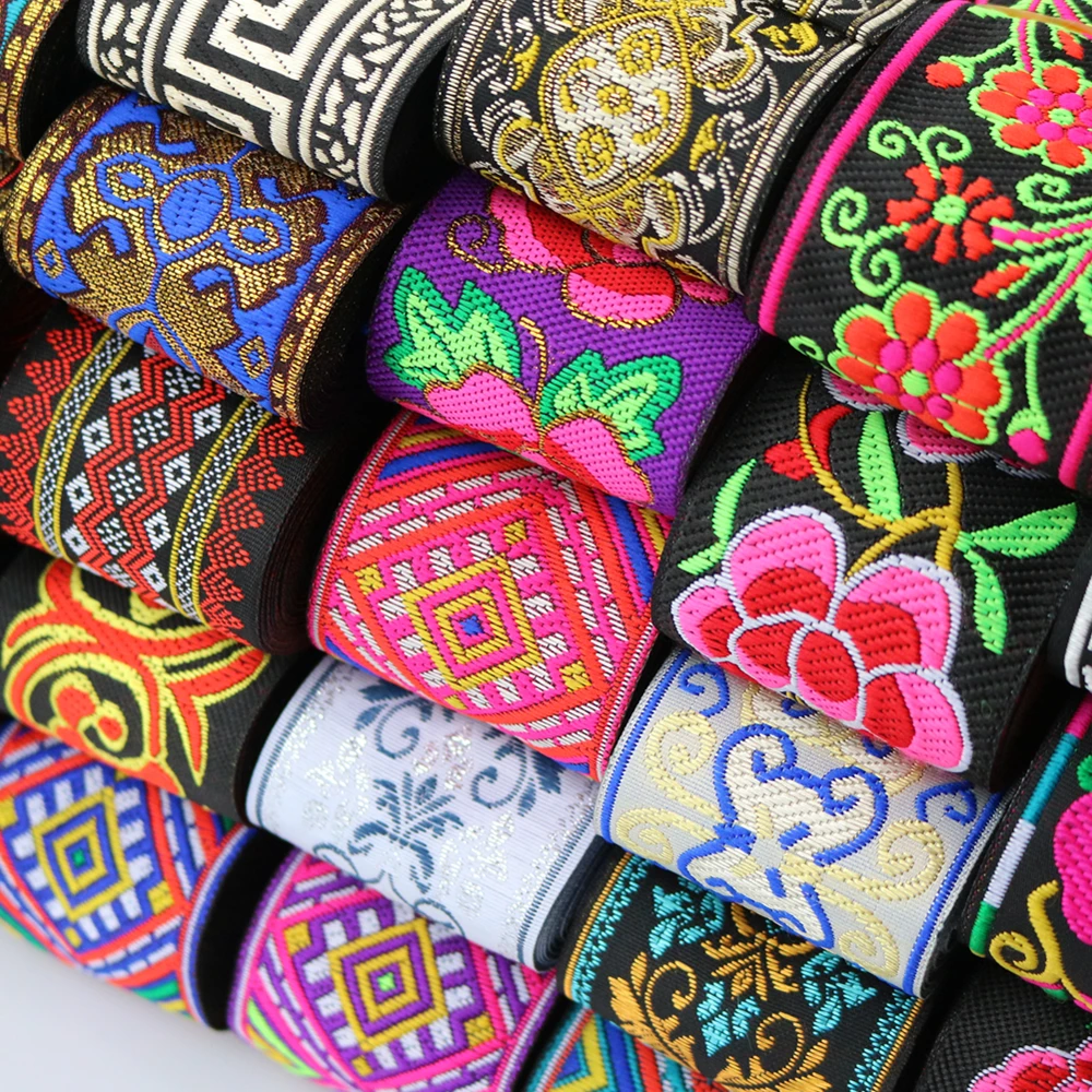 7 Meters 50mm 2 Inch Vintage Ethnic Embroidery Flowers Ribbon Boho Lace Trim DIY Clothes Bag Accessories Embroidered Fabric