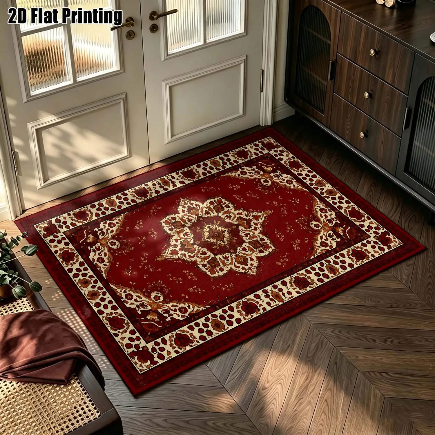 1Pc 2D Printed Red Retro Flower European-Style Geometric Carpet, Home Decor, Multi-Size, Machine Washable, for Entrance/Dining Room/Foyer/Bedroom/Living Room