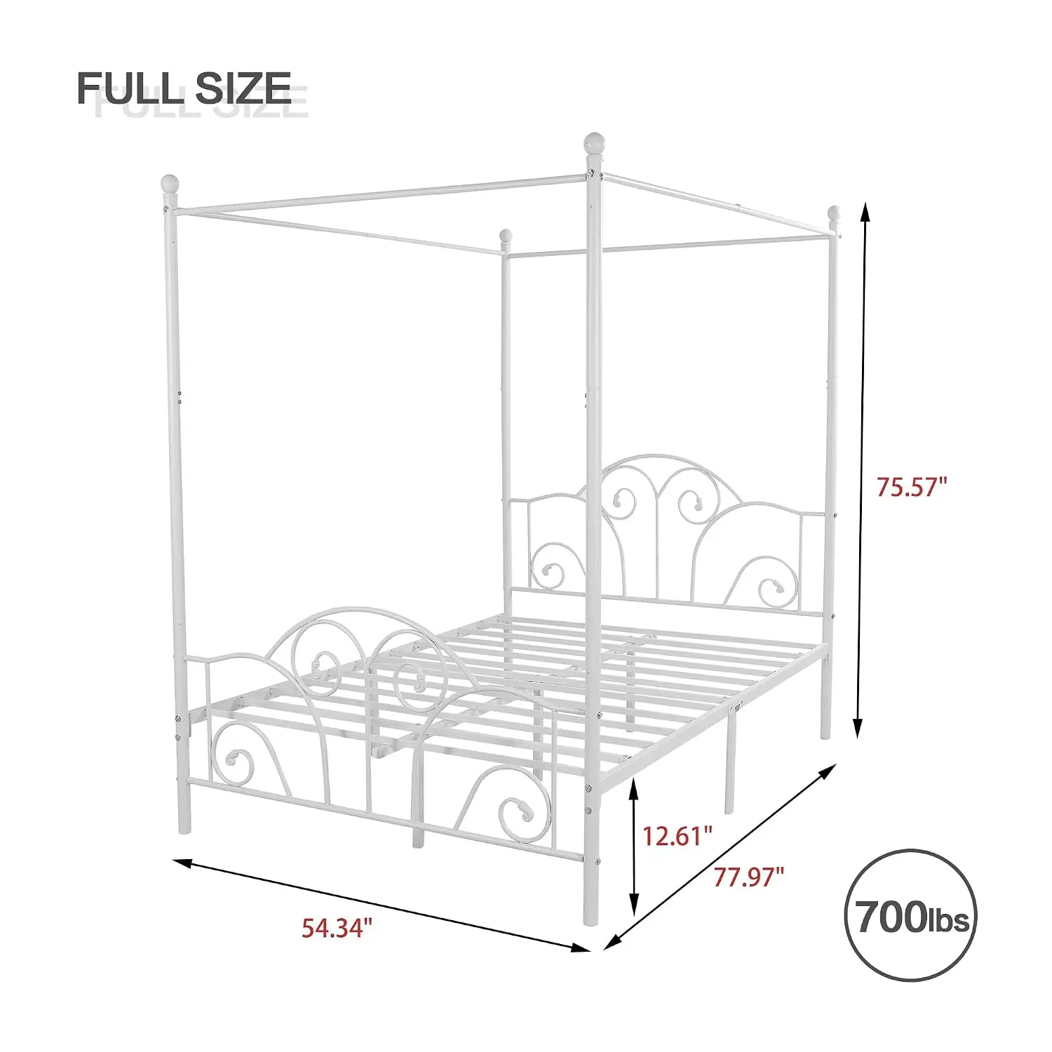 Full Metal Canopy Bed Frame with Headboard & Footboard, Slatted Platform No Box Spring Needed, White, Customized