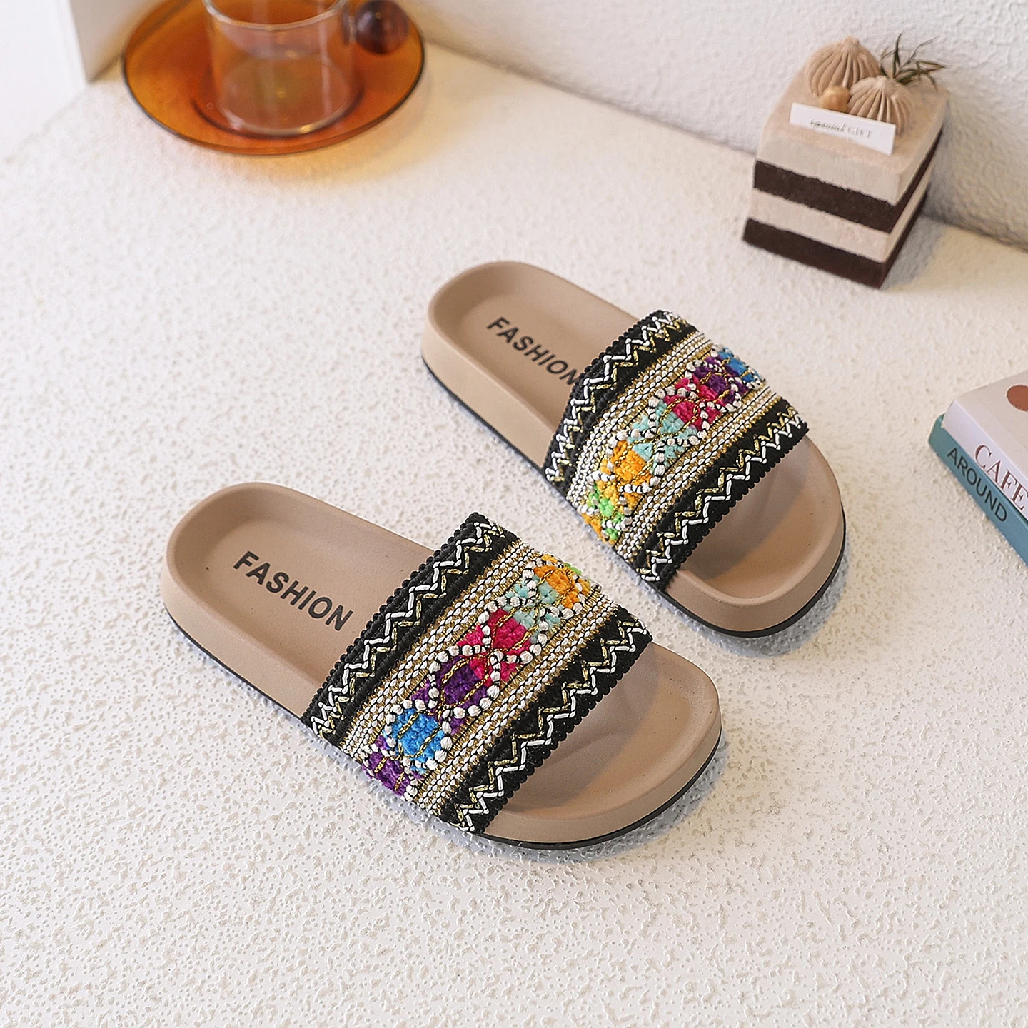 Kids Boho Embroidery Slide Sandals Colorful Beaded Strap Light Flat Non Slip Sole Bohemian Beach Casual Open Toe Slippers