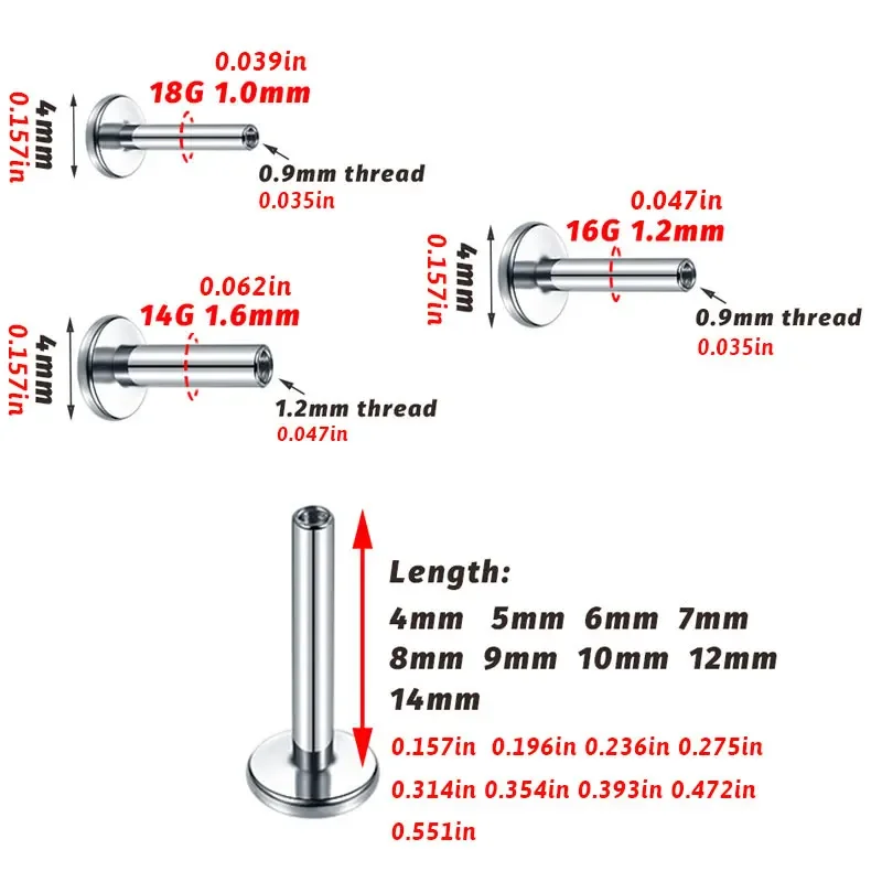 10 Uds G23 titanio Labret 16G 18G 4/14mm varilla tapón de rosca interna tabique oreja labios nariz Piercing Tragus accesorios de joyería para el cuerpo