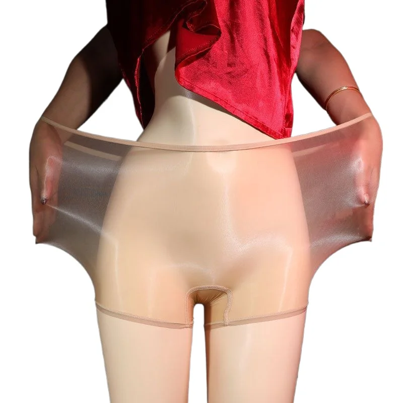 Sexy Women Sheer Oil Shiny Boyshort Panties Solid Mid Waist Seamless Silky Boxer Briefs Stretchy Underwear Crotchless Lingerie