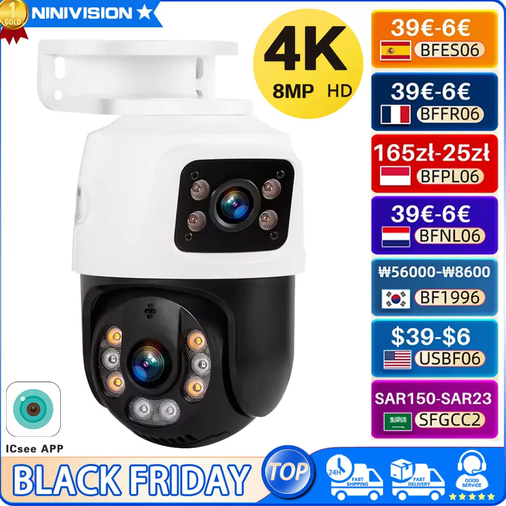 

4K 8MP Outdoor Dual Lens PTZ 6MP POE IP Camera Home Security Camera Video CCTV Surveillance iCSEE Dual-Screen 10CH POE NVR P2P