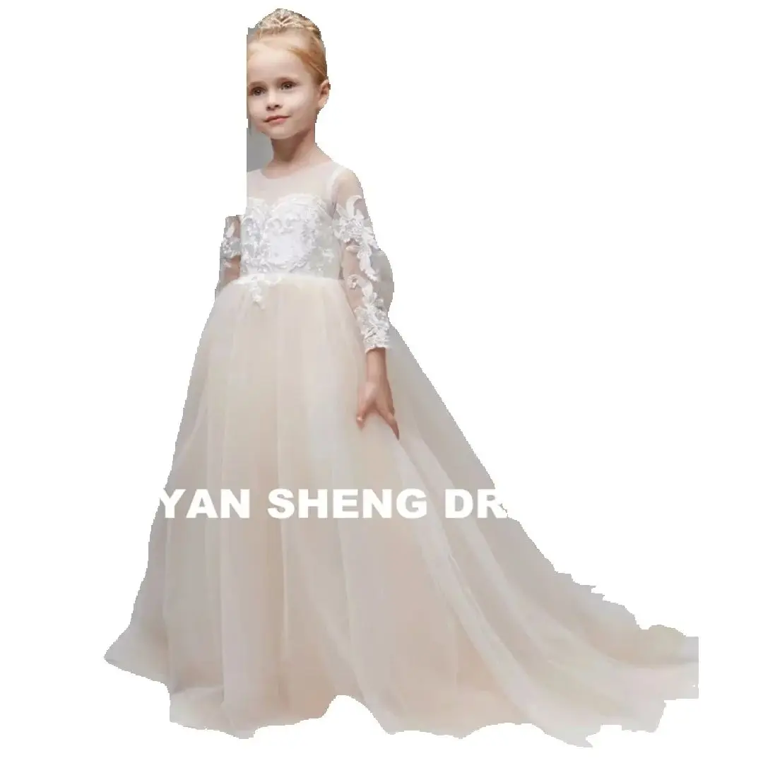 Sukienka dla Druhny na Wesele, Długi Rękaw, Szampańska Księżniczka, Tiulowa, Białe Aplikacje, Kokarda - Strój na Wesele, Urodziny