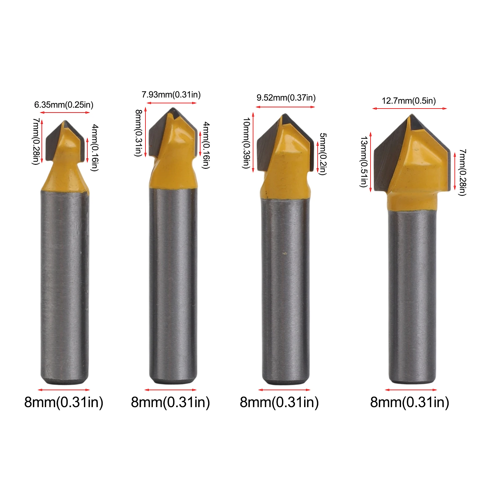 Professional 4PCS 90 Degree V Router Bits Set for Wood Work with Carbon Steel for Cutting Diameter 14 516 38 12