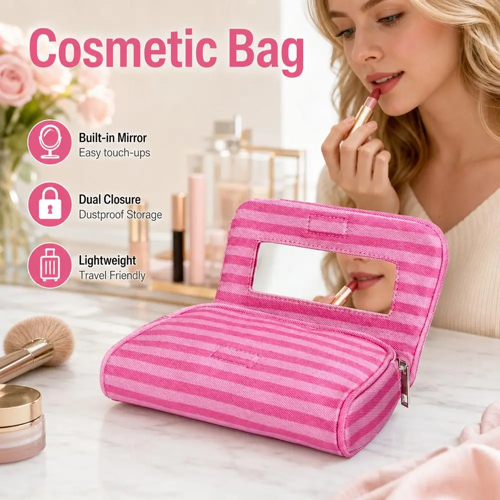 Flip Top With Mirror Makeup Bag Women Pink Striped Portable Zipper Cosmetic Travel Organizer Toiletry Pouch