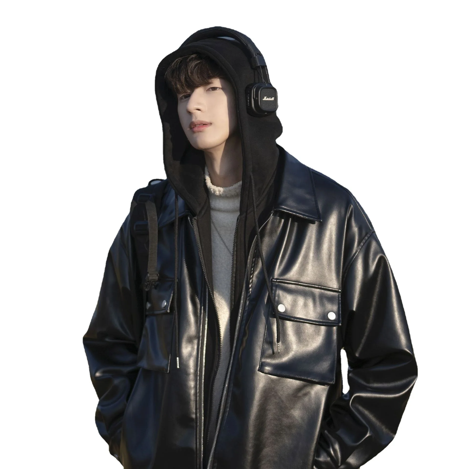 Men's Casual Fake Two-piece Hooded Leather Coat New Tide Brand American Vintage Thickened Pu Motorcycle Leather Jacket Jacket