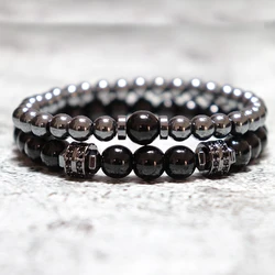 New In Unique Men Bracelet Set Luxury Black Zirconia Braclet Homme Natural Lava Tiger Eyes Stone Braslet Beaded Accessories Gift