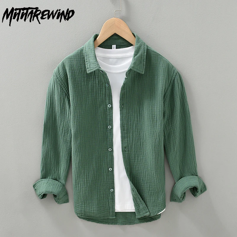 

Весенние и летние мужские рубашки с длинным рукавом, повседневные топы из 100% хлопка, рубашка с квадратным пузырьком, мужская повседневная зеленая рубашка в японском стиле, простая