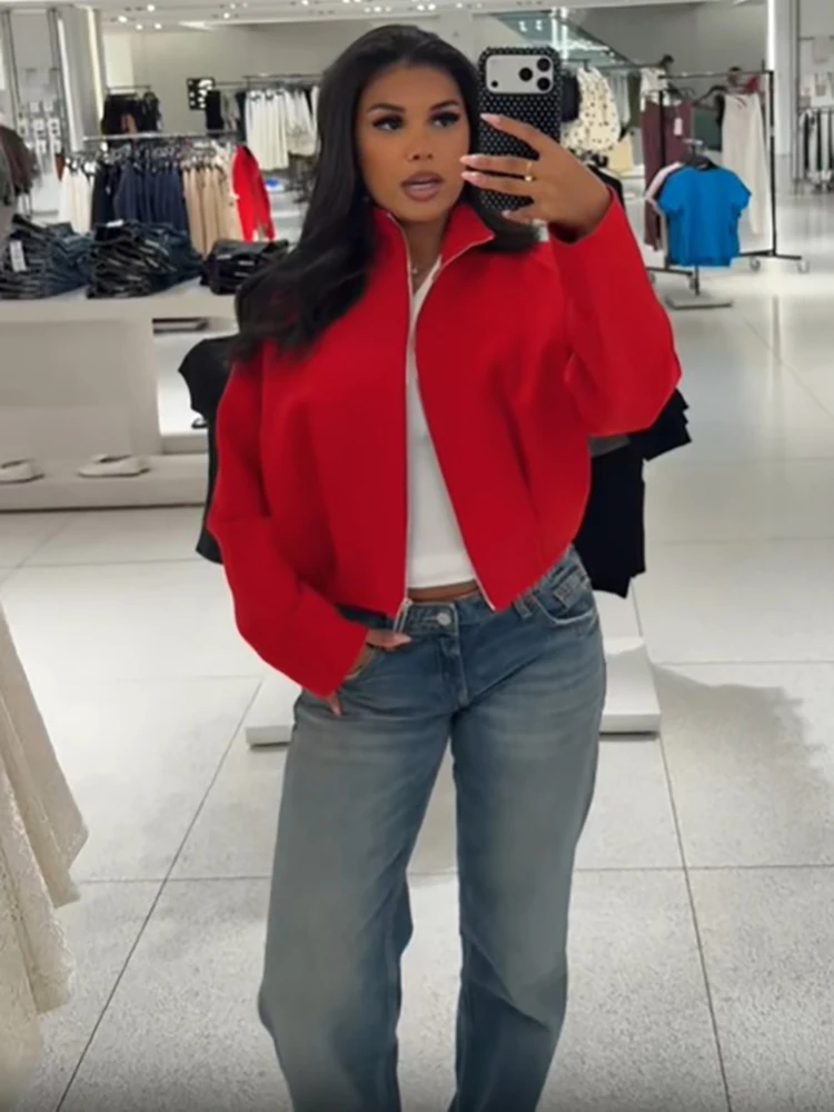 Vintage Rote Kurze Jacke mit Hoher Taille für Damen, Schicker Reißverschluss, Lange Ärmel, Stehkragen, Locker Sitzender Mantel, Herbst Damen Alltags-Streetwear Neu – Detail 9