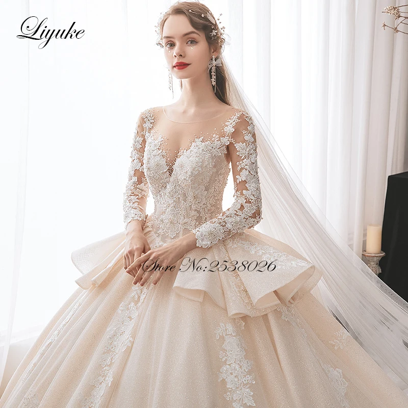 VEYUKE-Robe de Mariée en Dentelle Brillante, Tenue de Bal avec Perles, Manches sulf, Longue Traîne, pour Patients