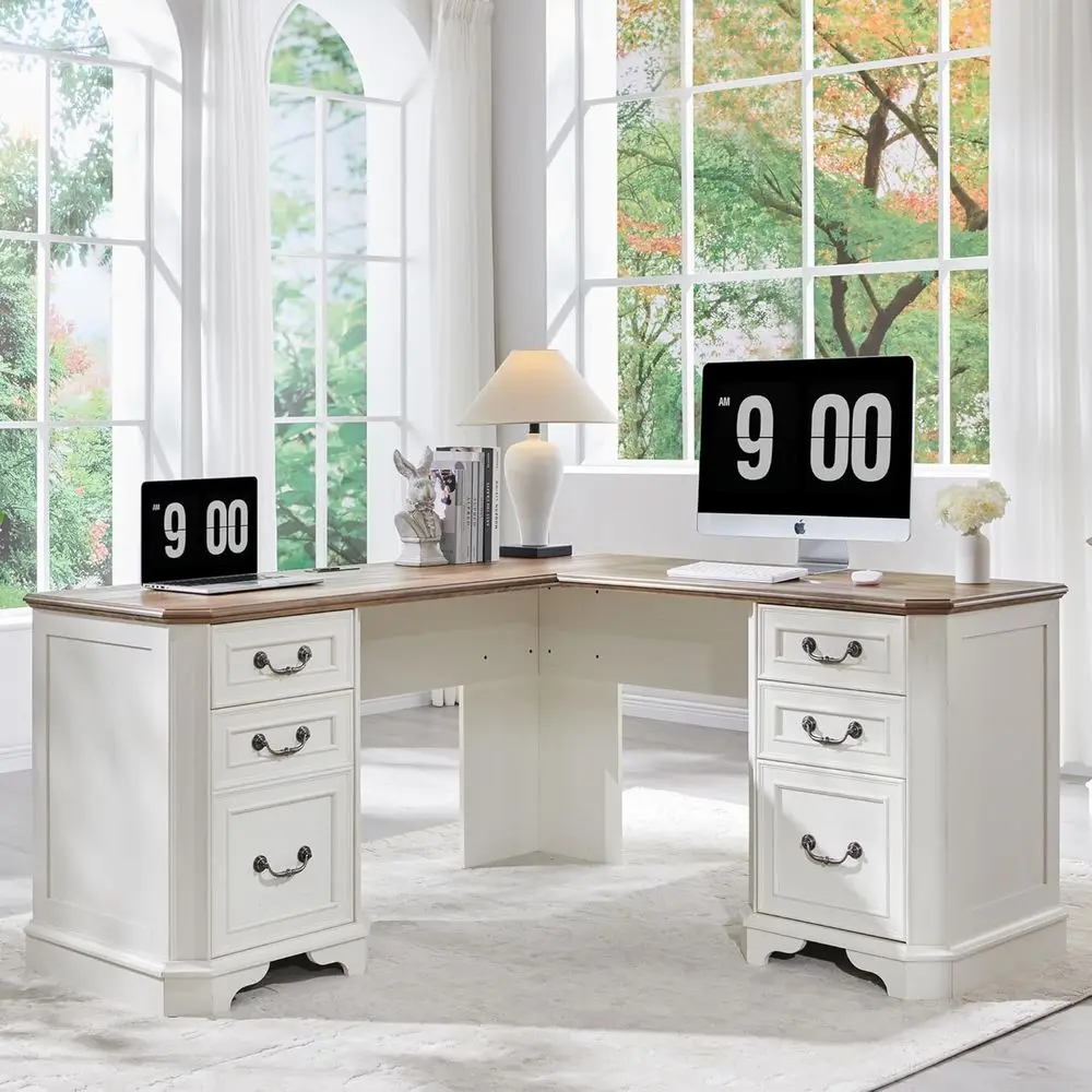 

Executive L-Shaped Desk with Drawers, Armrest, Charging Station, and Storage Cabinet for Home Office and Study (Antique White)