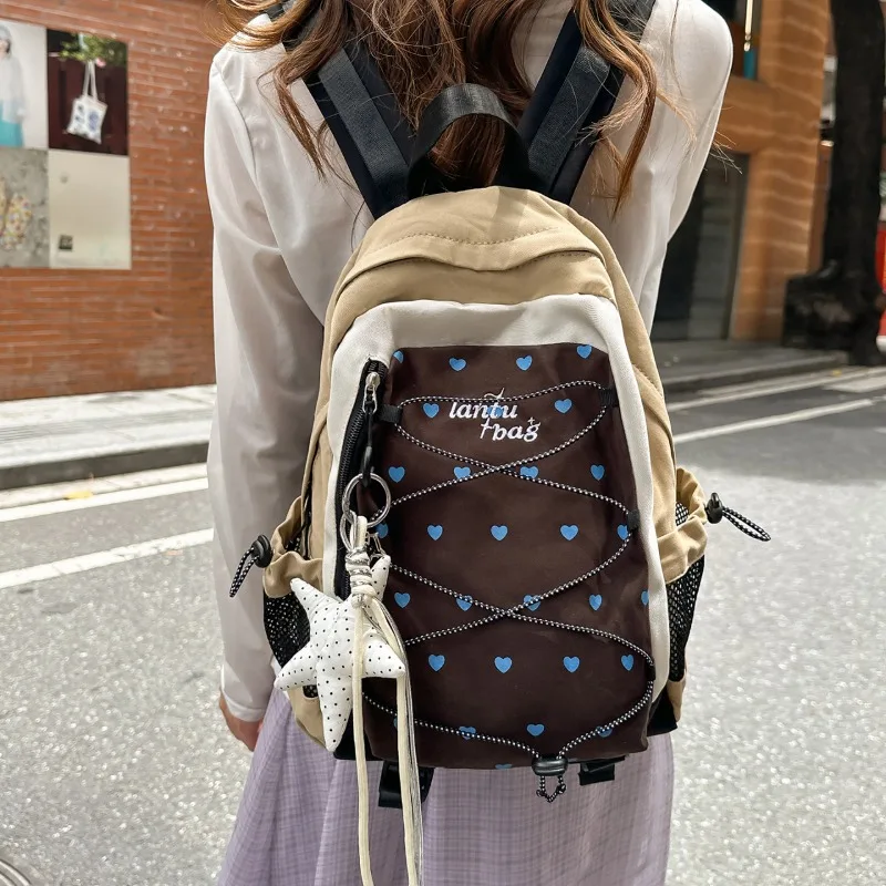 Korean Fashion Retro Women Backpack Student Schoolbag Heart Print Kawaii Drawstring Shoulders Bag Outdoor Hiking Travel Rucksack