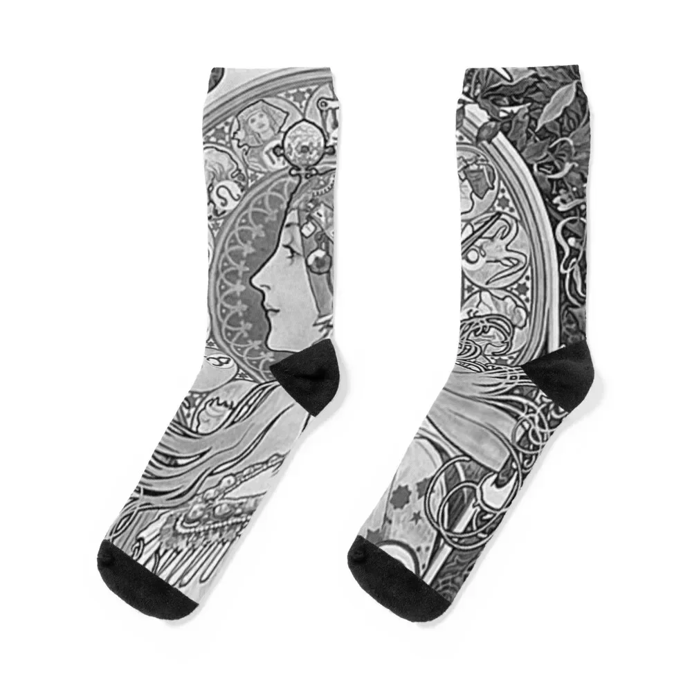 

Alphonse mucha - zodiac , black and white Socks Sports anti-slip custom New year's Men Socks Women's