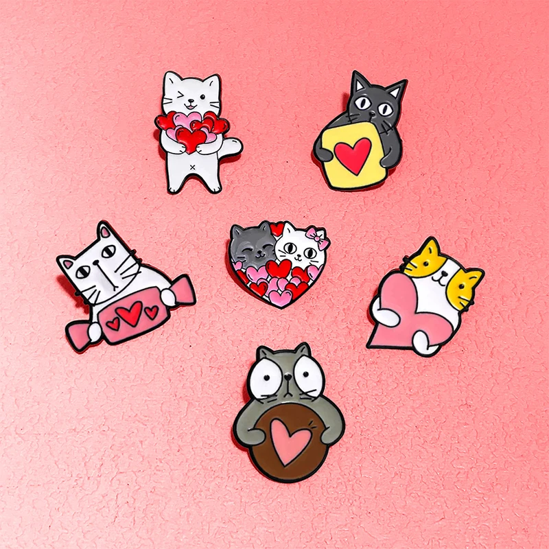 AniPins Cute Heart Cats Pins 6-design Metal Enamel Candy Kitty Pets Brooch Pin On Backpack Clothes Friends Lovers Gifts