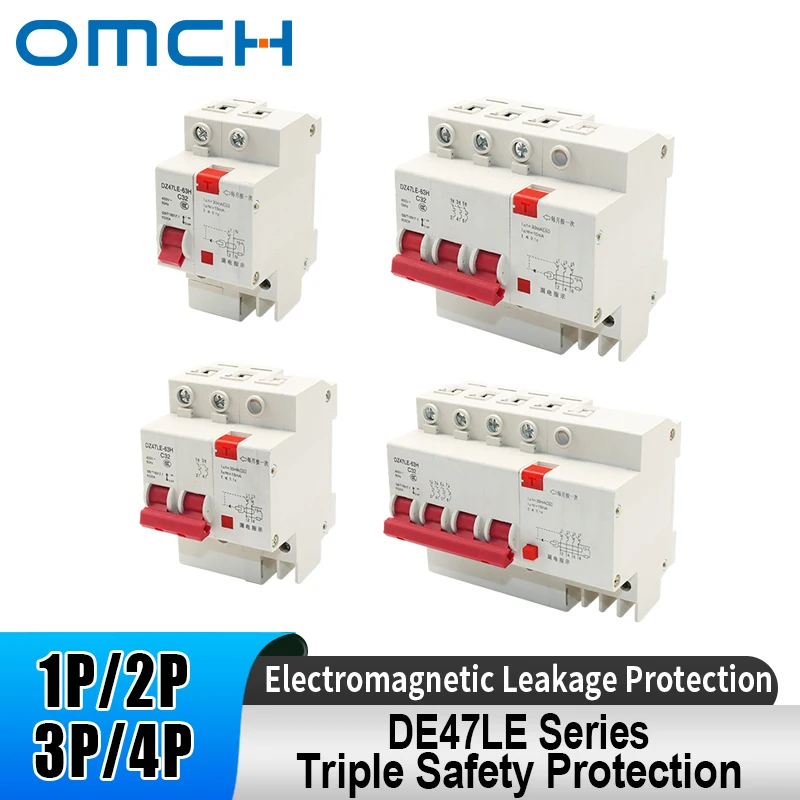 OMCH DZ47LE Leakage Circuit Breaker 1P 2P 3P 4P 6-63A Household Overload Short Circuit Protection Residual Current Breaker