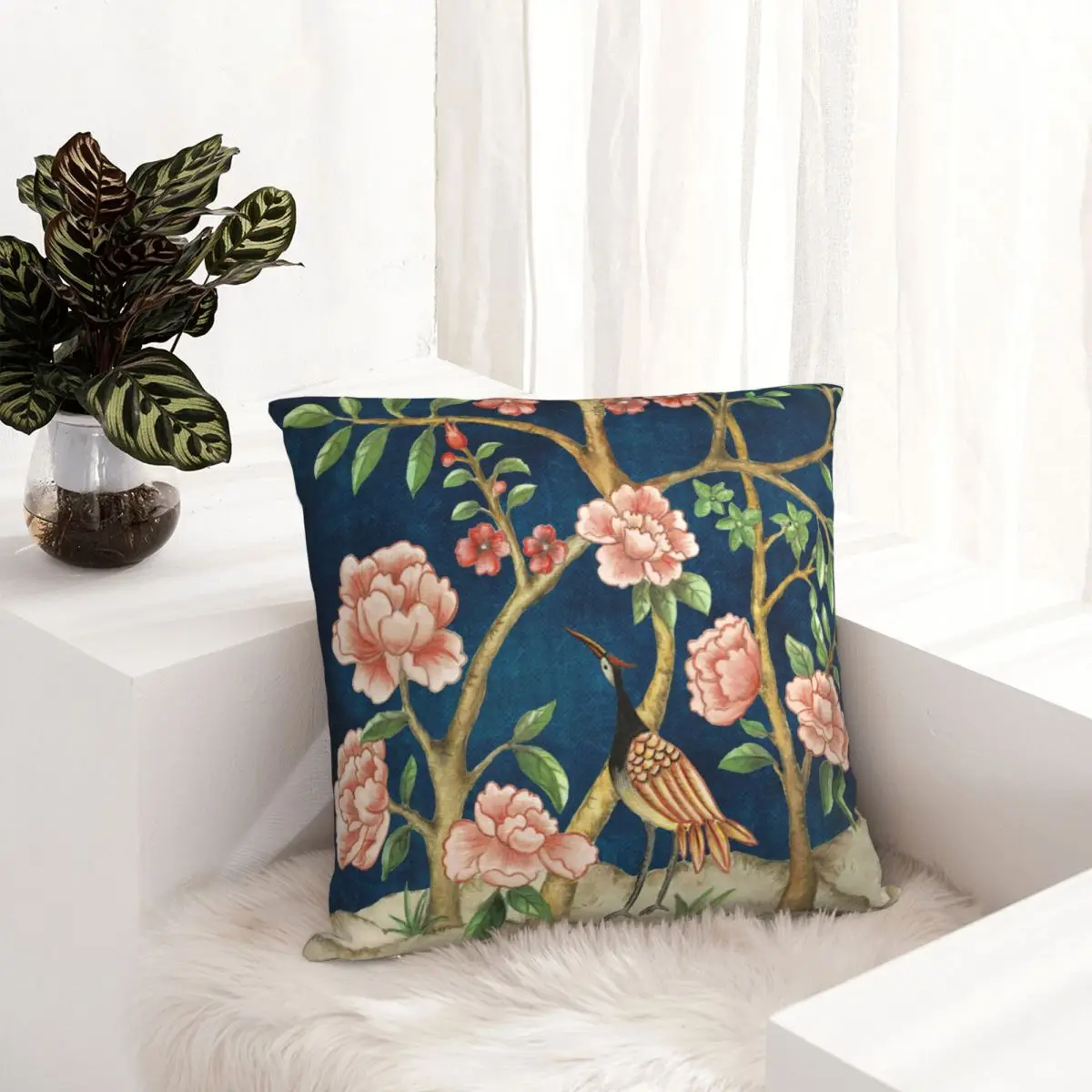 Chic Navy Pink Chinoiserie Floral Bird Greenery Pillowcase Printing Polyester Cushion Cover Decorations Pillow Case Cover Home