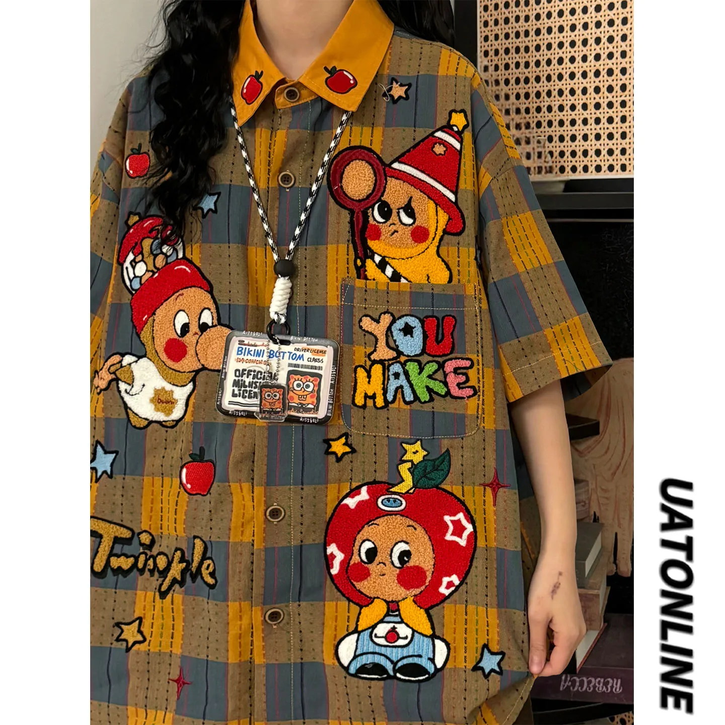 

UATONLINE2026 Летняя женская рубашка в американском ретро-стиле с забавной мультяшной вышивкой, в клетку, с коротким рукавом, модная, в уличном стиле