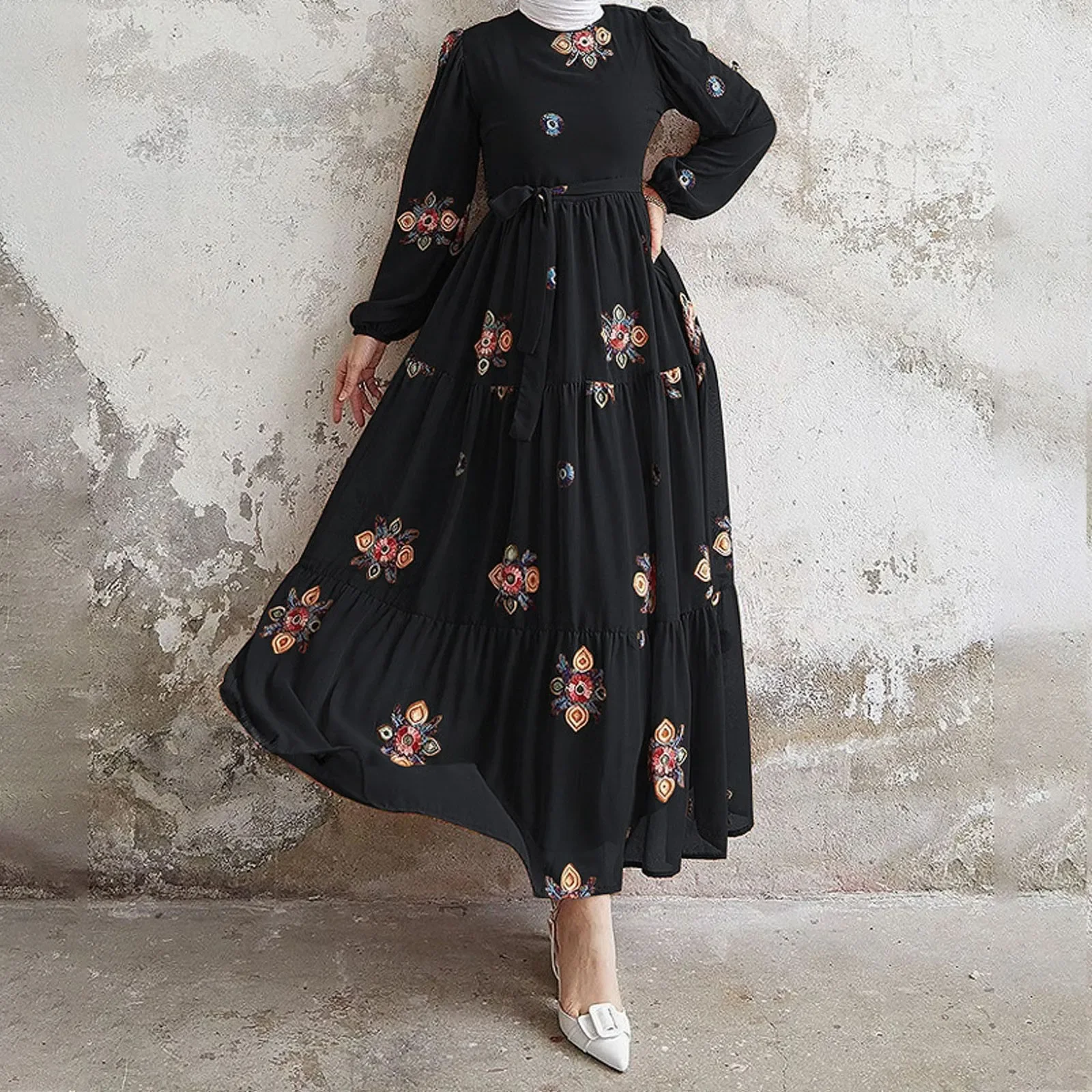 

Eid Muslim Abayas for Women Dress Floral Embroidery Long Sleeve Dubai Long Robe Party Dress Vestidos Abaya Spring Vestidos 2024