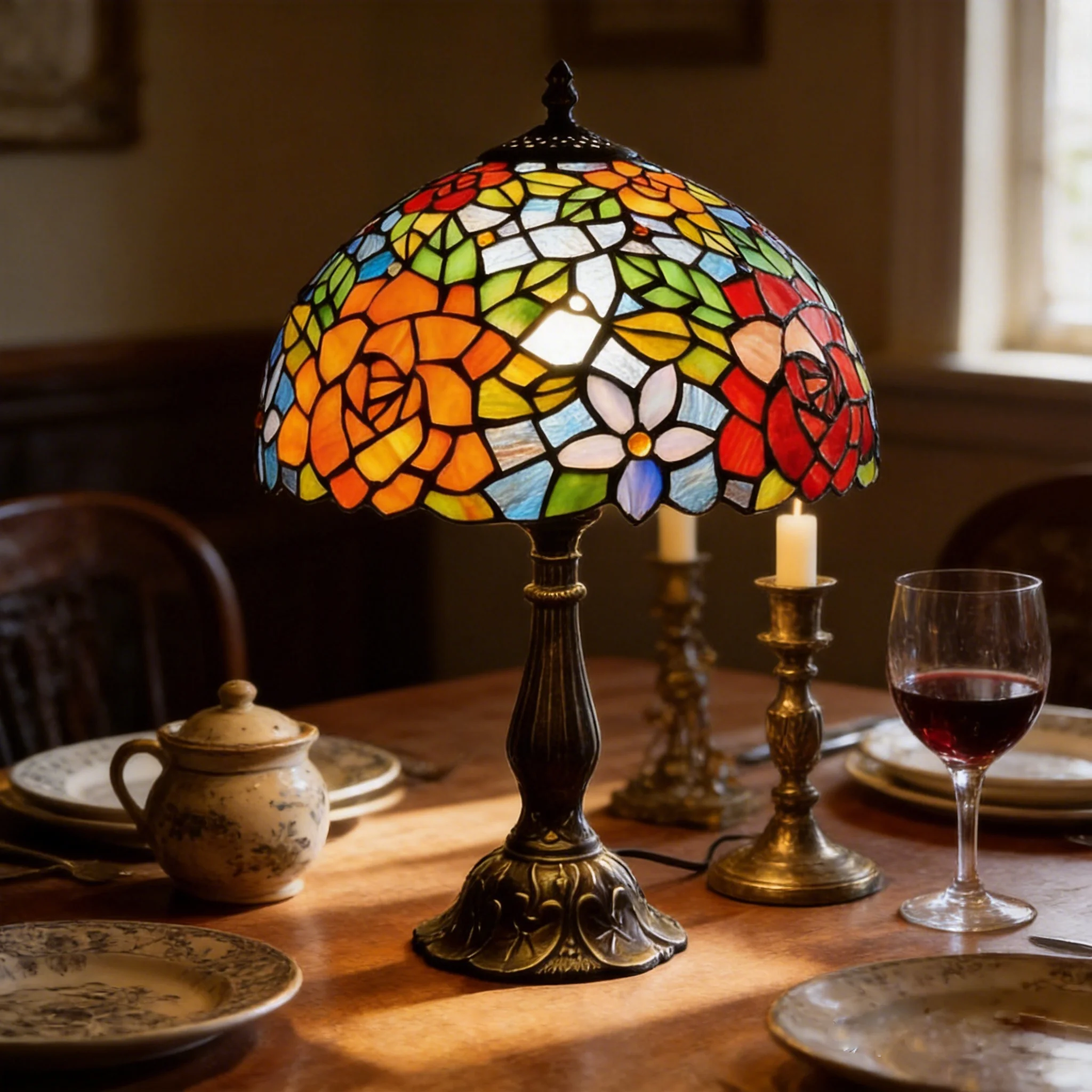 

Tiffany Lamp - Rose Flower Stained Glass Table Lamp 12 Inches Rose Flower Style Desk Reading Light - Bedroom & Living Room Decor
