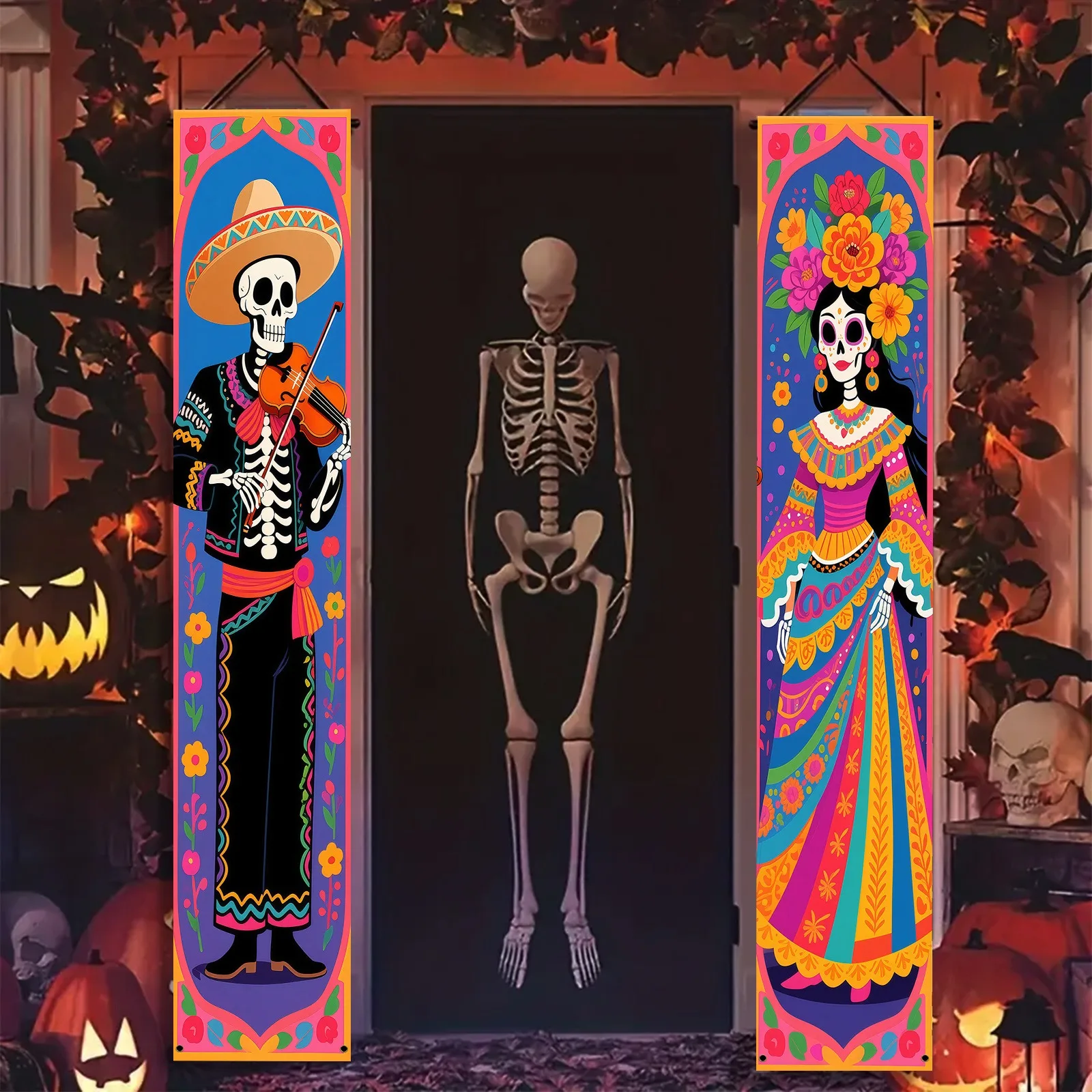 Tag der Toten Totenkopf-Türbanner Mexikanische Gothic-Veranda-Flagge für Innen- und Außenbereich, Hof, Garage, Fiesta, Heimwand, Halloween-Party-Deko