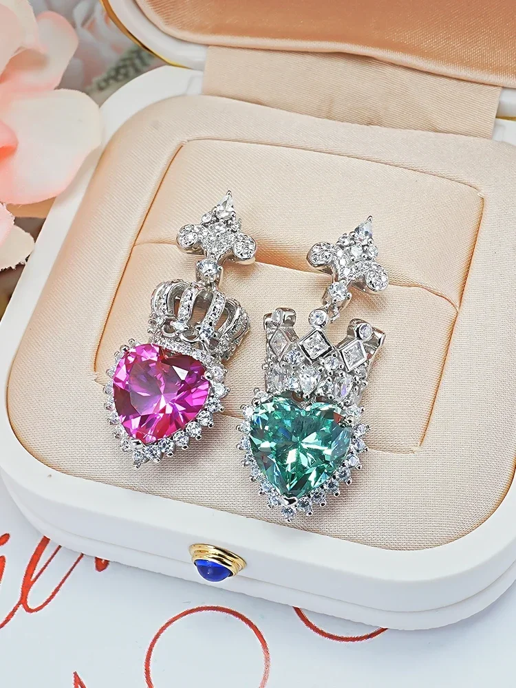 

925 sterling silver luxury versatile crown earring set paired with high carbon diamond temperament versatile wedding jewelry