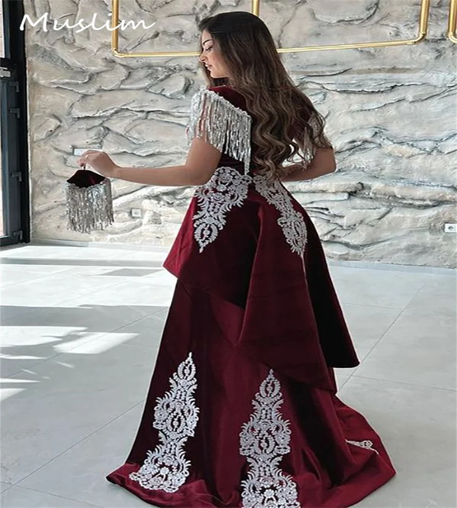 Charming Caftan Moroccan Evening Dress With Detachable Train Mermaid Velvet Prom Dress Slit Arabic Israel Lace Party Customized