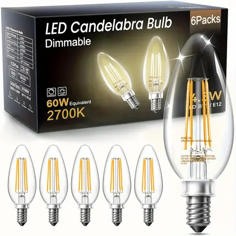 6/12/24 PACK, LED Lampshade Bulb Adjustable, 4.5W (500 Lumens) 2700K Dimmable, E12 Base, High Transmittance Glass, B11 Retro Long-filament Transparent Glass Candle Lamp, Suitable for Ceiling Fan Chandeliers
