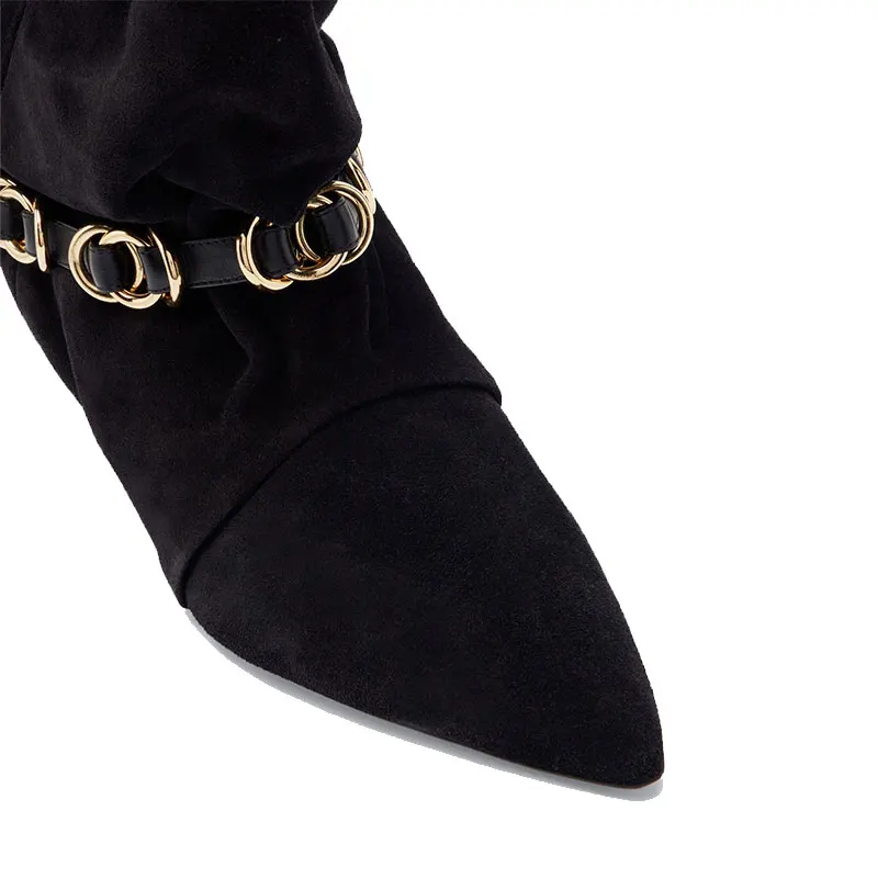 Vintage Roll Top Slouch Mid Calf Boots Women Metal Ring Strap Pointed Toe Slim Kitten Heel Cowboy Style Dress Party Boots