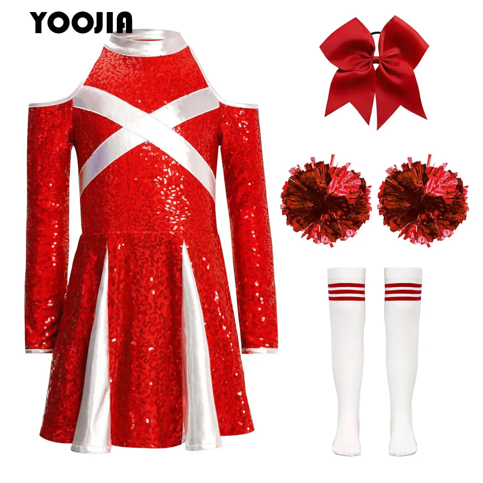 Kids Girls 4Pcs Cheerleading Costume Cheer Uniform Shiny Sequins Cold Shoulder Mini Dress with Accessories Cosplay Outfits